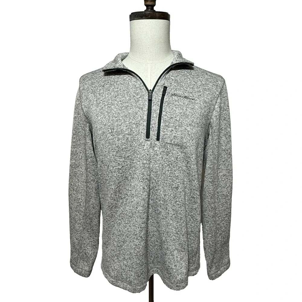 Eddie Bauer Sweater Mens Medium Gray Fleece 1/4‎ Zip Pullover Outdoors Hiking